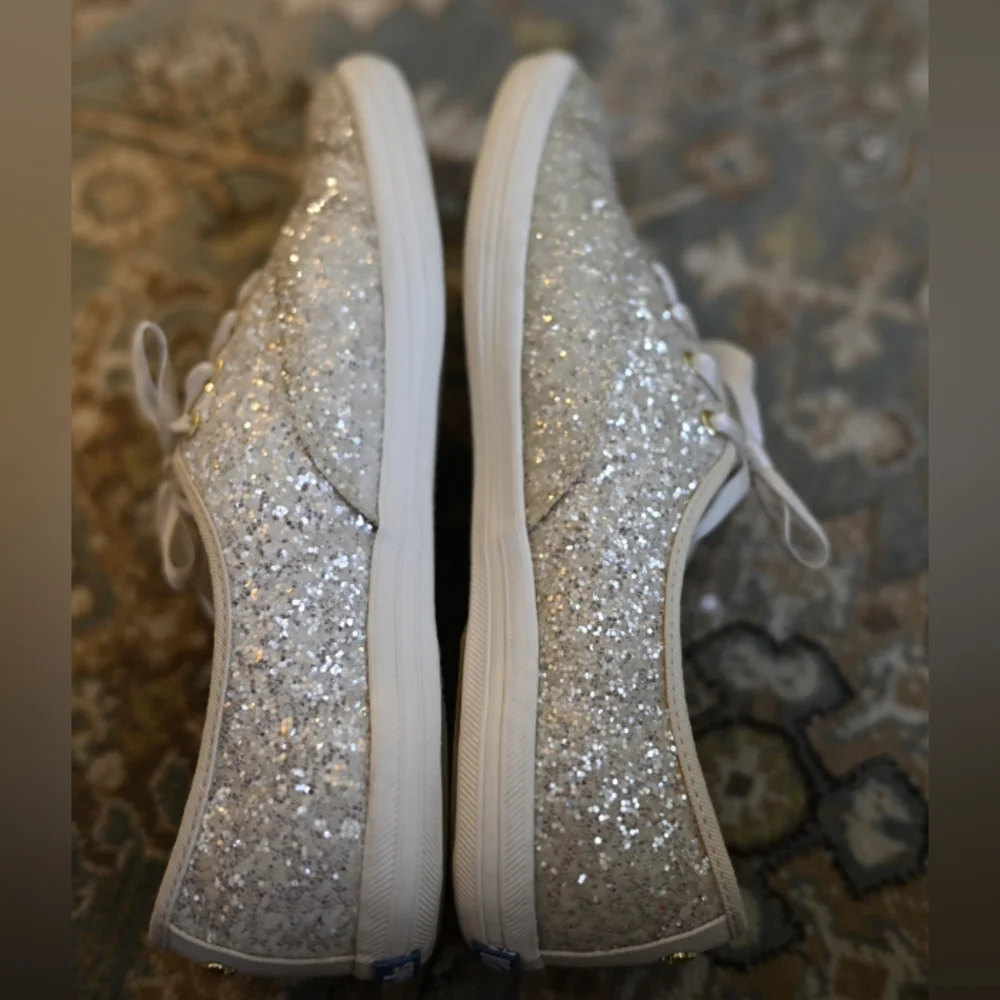 Keds X Kate Spade Silver Glitter White Sequin Sneakers White Laces Size 8 Bridal